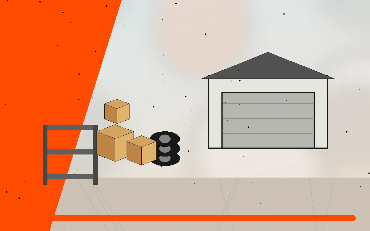 Pneus, boîtes et objets rangés dans un garage à débarrasser